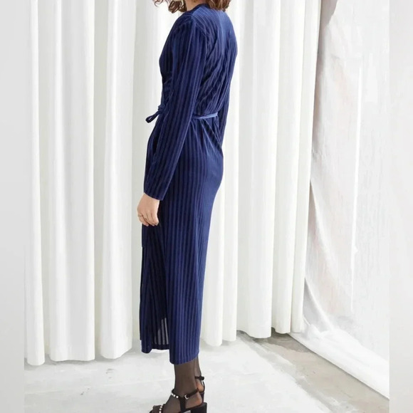 & OTHER STORIES Striped Velour Midi Wrap Dress V Neck Long Sleeve Festive Sz 0 - Picture 2 of 11